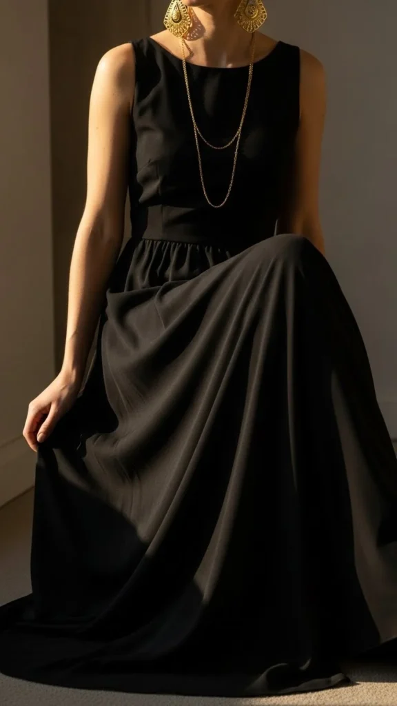 9. Black Maxi Dress with Gold Earrings