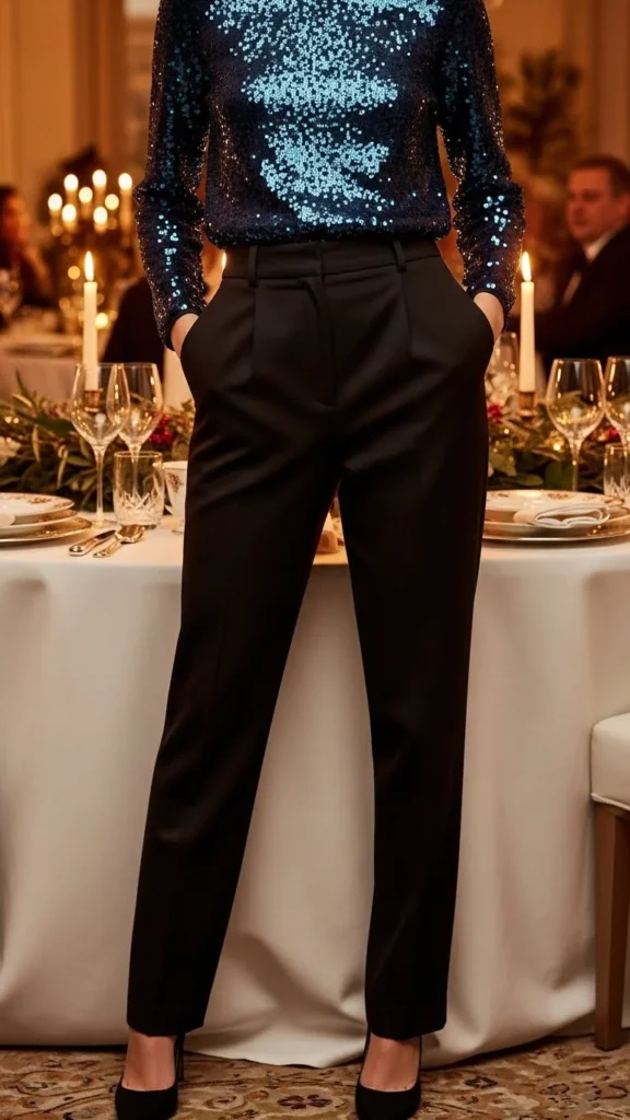 9. Sequin Top with Tailored Trousers